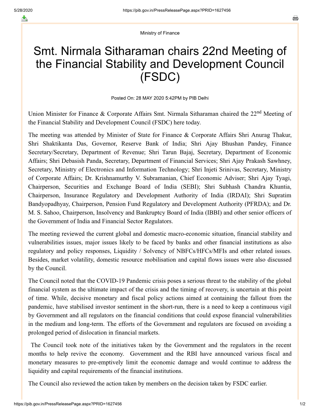 Smt. Nirmala Sitharaman Chairs 22Nd Meeting of the Financial Stability and Development Council (FSDC)