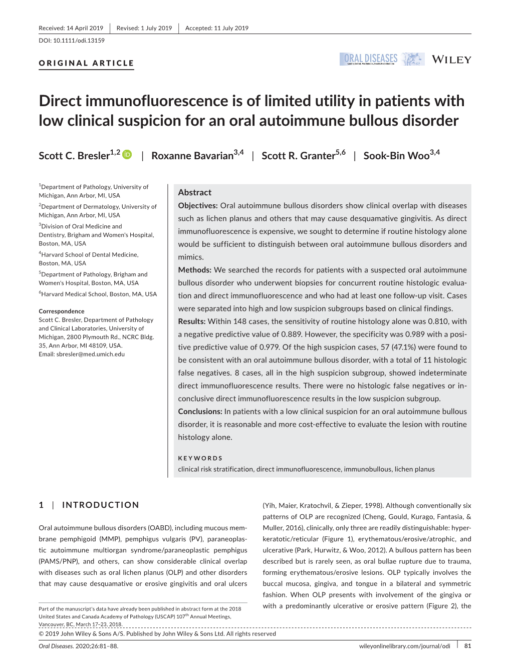 Direct Immunofluorescence Is of Limited Utility in Patients with Low Clinical Suspicion for an Oral Autoimmune Bullous Disorder