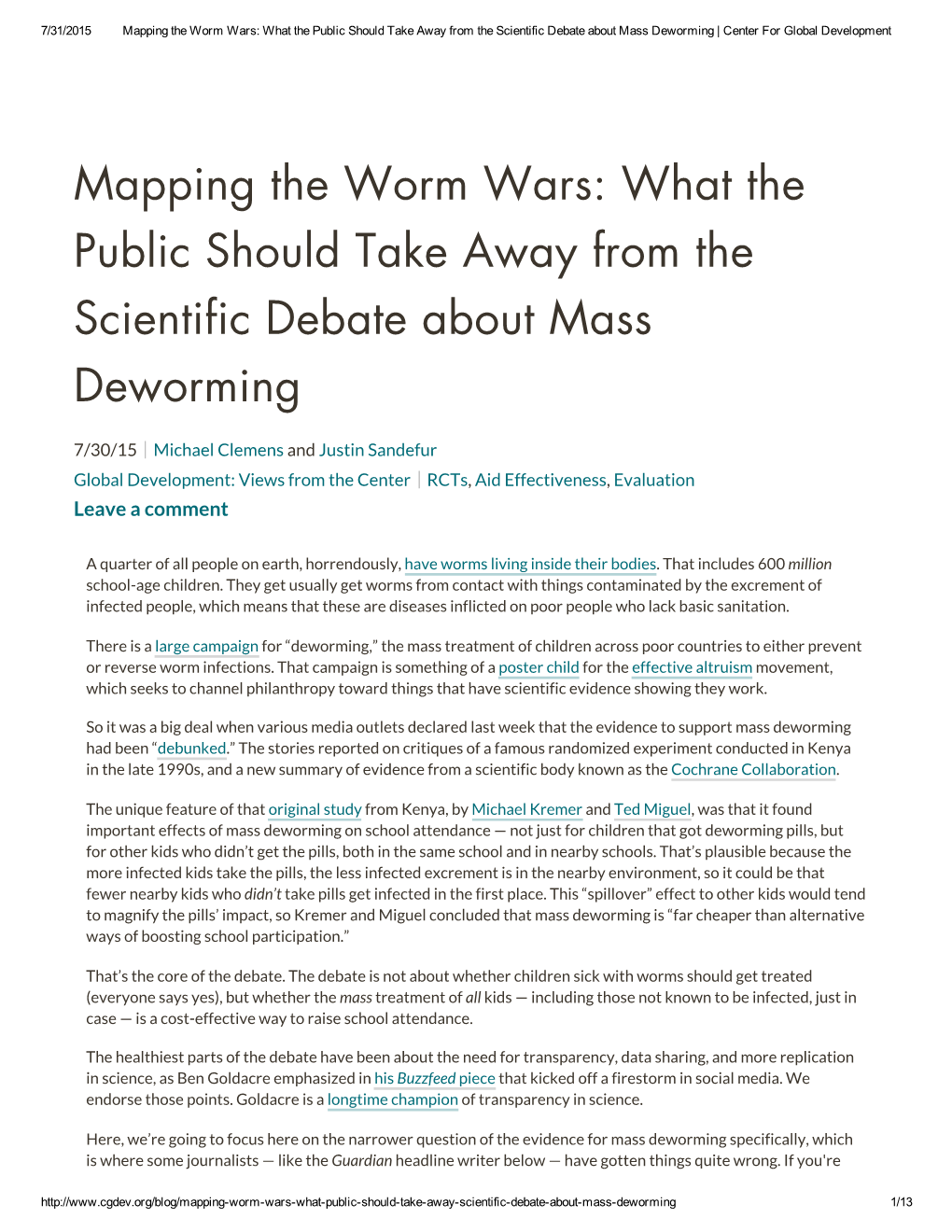 Mapping the Worm Wars: What the Public Should Take Away from the Scientific Debate About Mass Deworming | Center for Global Development
