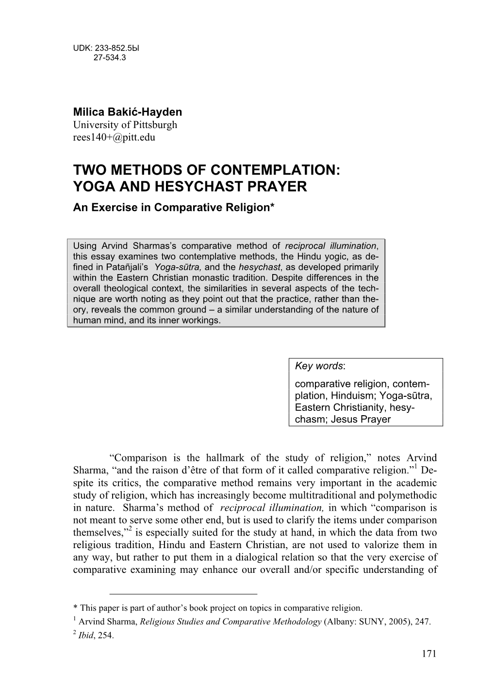 YOGA and HESYCHAST PRAYER an Exercise in Comparative Religion*