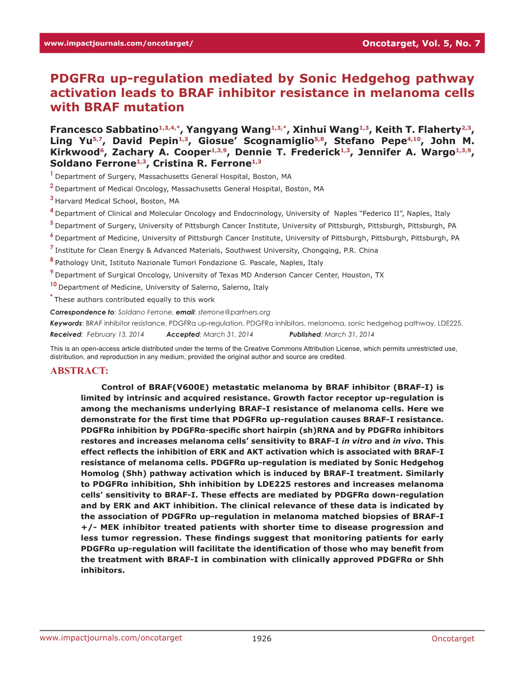 Pdgfrα Up-Regulation Mediated by Sonic Hedgehog Pathway Activation Leads to BRAF Inhibitor Resistance in Melanoma Cells with BRAF Mutation