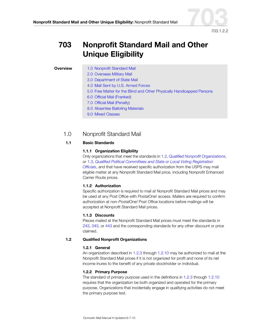 DMM 703 Nonprofit Standard Mail and Other Special Eligibility