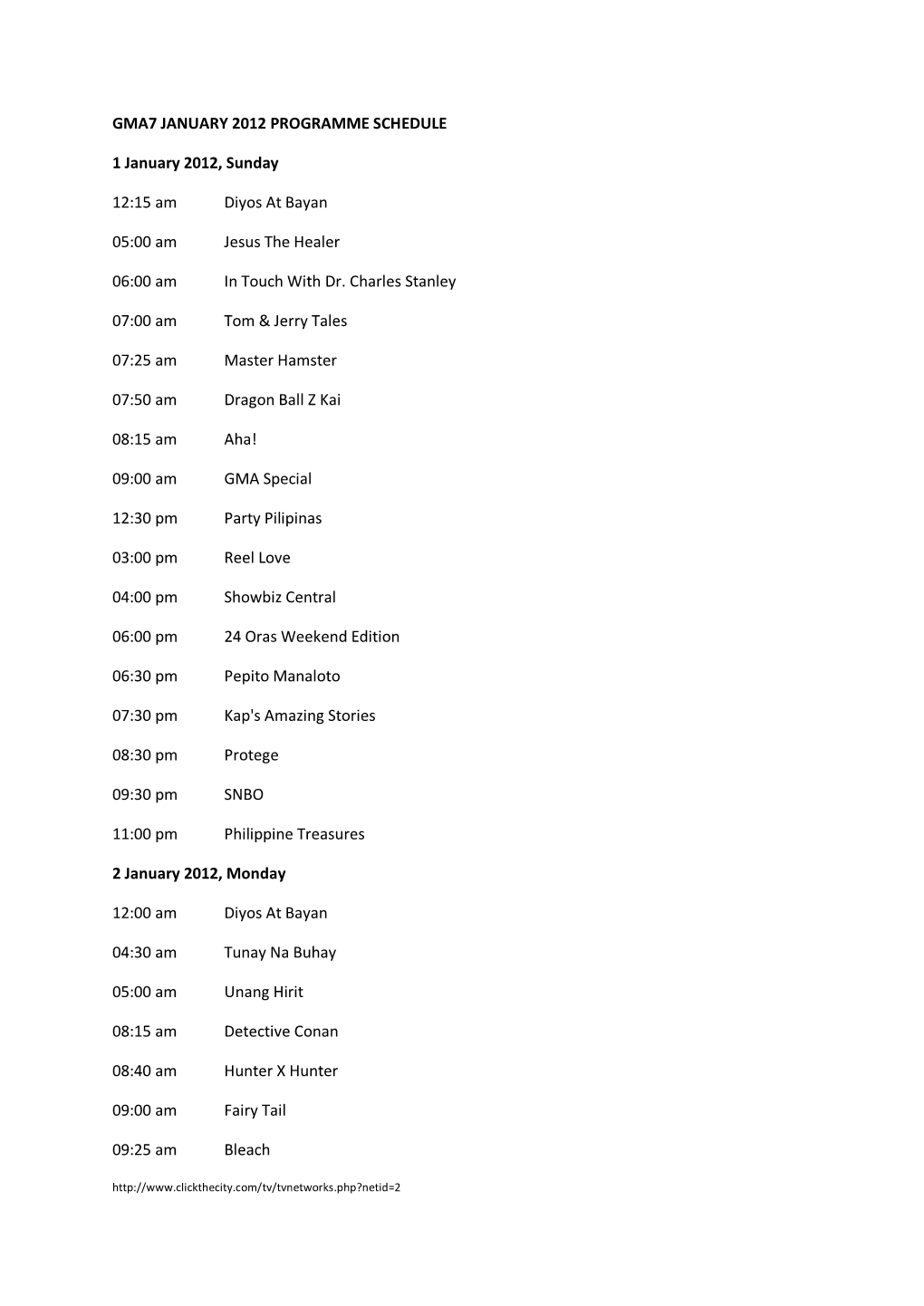 GMA7 JANUARY 2012 PROGRAMME SCHEDULE 1 January 2012