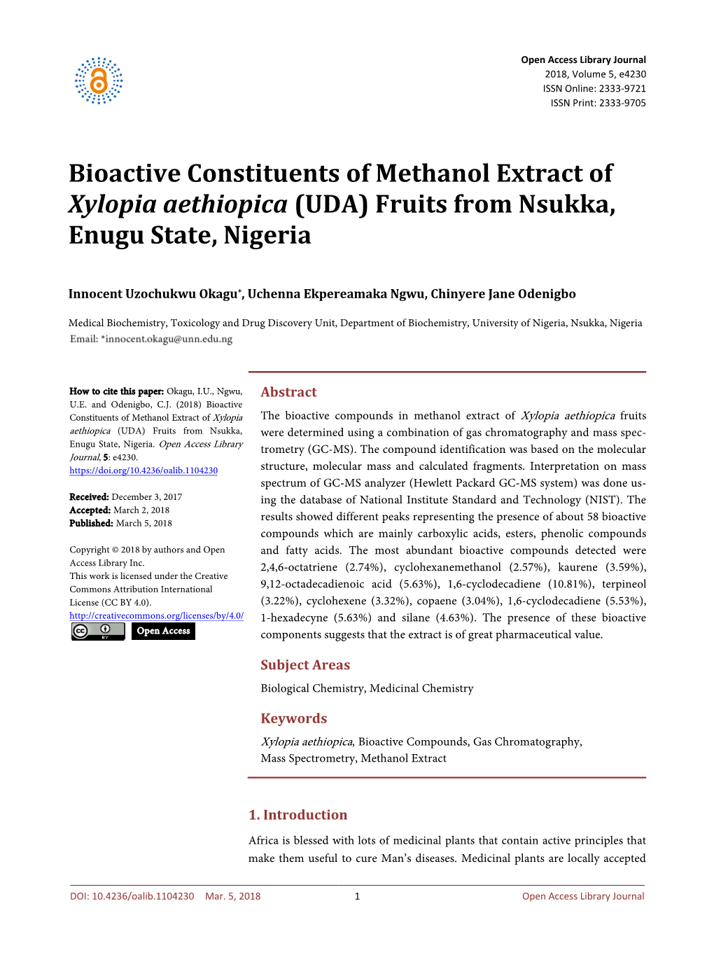 Bioactive Constituents of Methanol Extract of Xylopia Aethiopica (UDA) Fruits from Nsukka, Enugu State, Nigeria