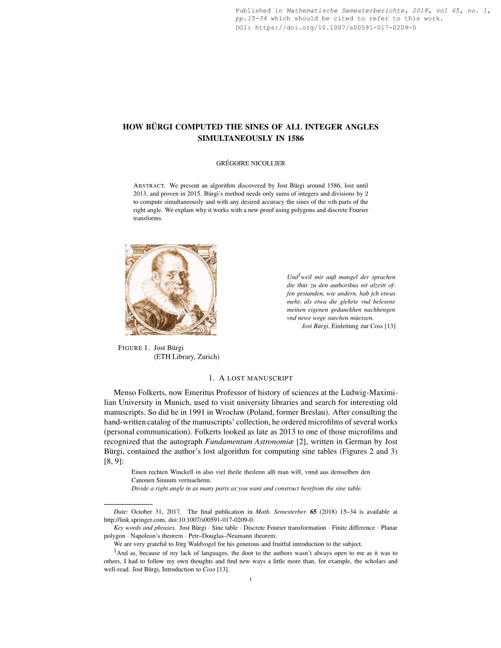 How Bürgi Computed the Sines of All Integer Angles Simultaneously in 1586