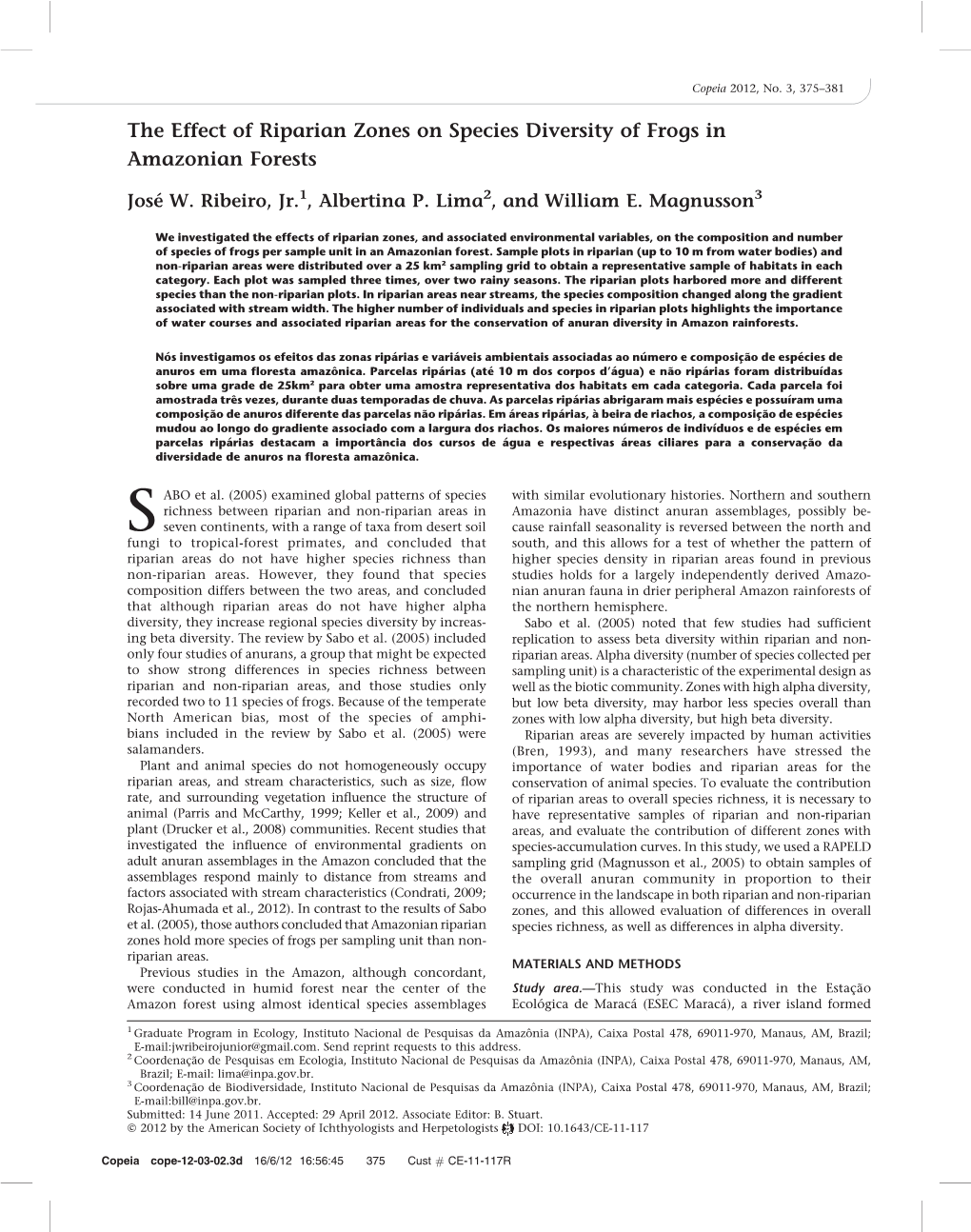 The Effect of Riparian Zones on Species Diversity of Frogs in Amazonian Forests