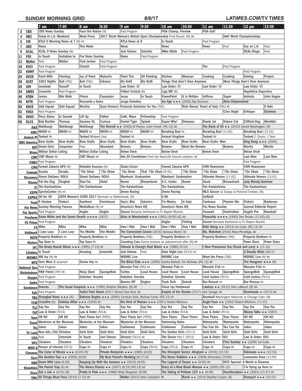 Sunday Morning Grid 8/6/17 Latimes.Com/Tv Times