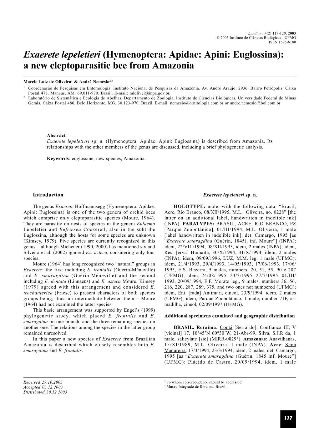 Exaerete Lepeletieri (Hymenoptera: Apidae: Apini: Euglossina): a New Cleptoparasitic Bee from Amazonia