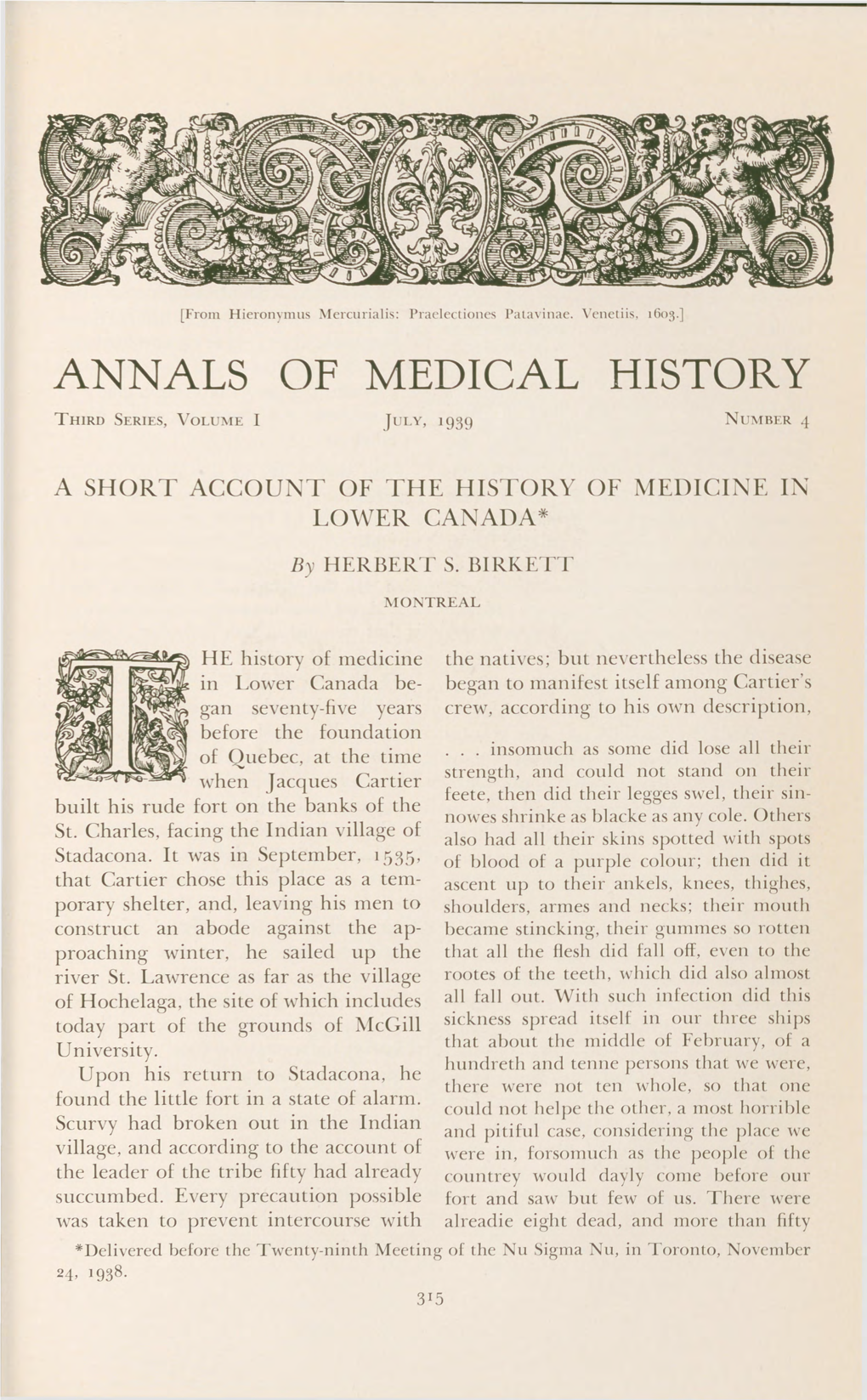 A Short Account of the History of Medicine in Lower Canada*