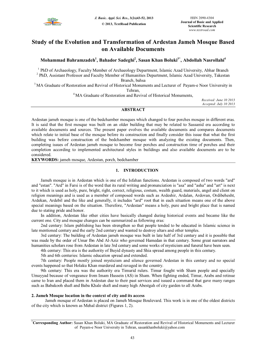 Study of the Evolution and Transformation of Ardestan Jameh Mosque Based on Available Documents