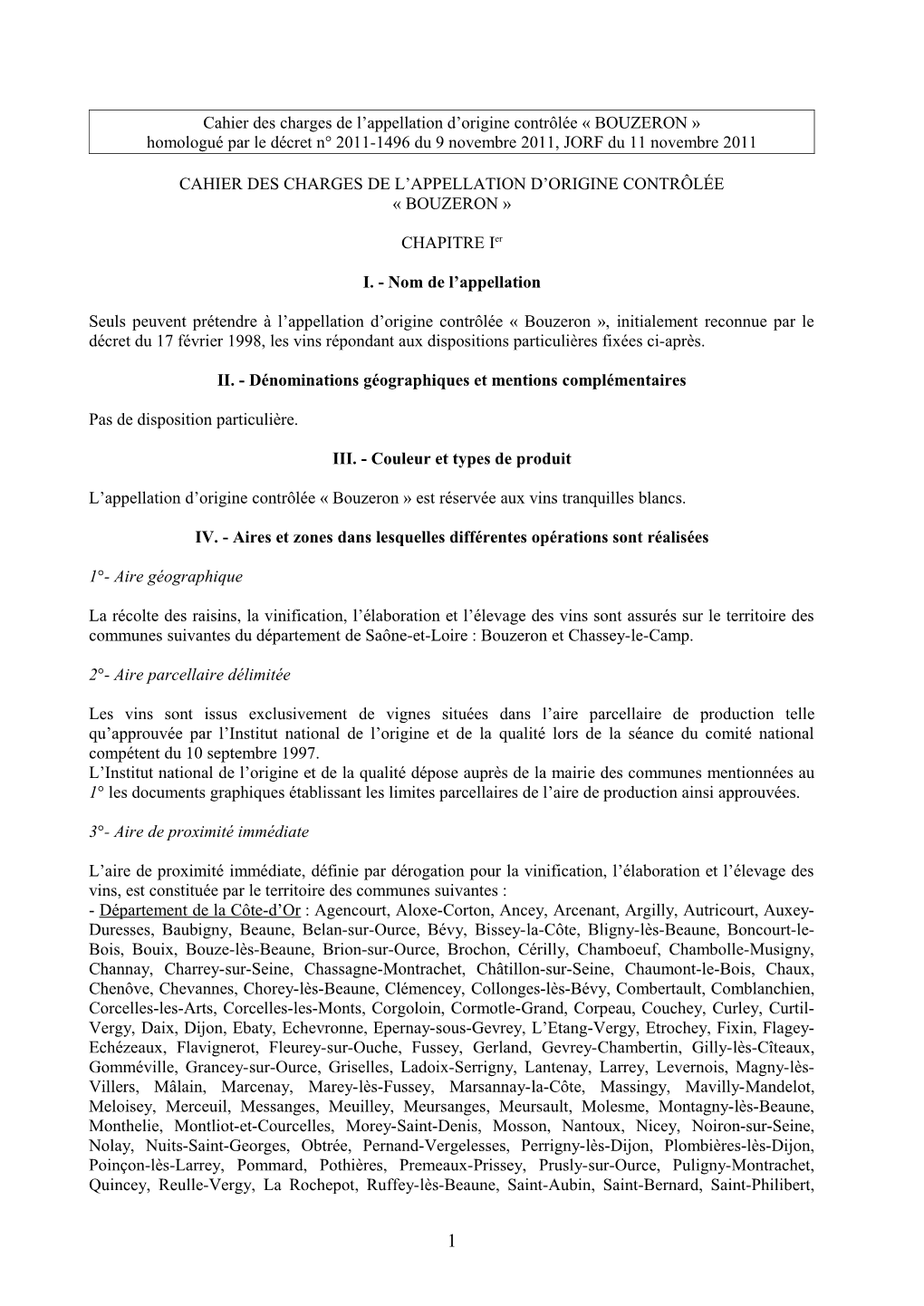 Cahier Des Charges De L'appellation D'origine Contrôlée « BOUZERON