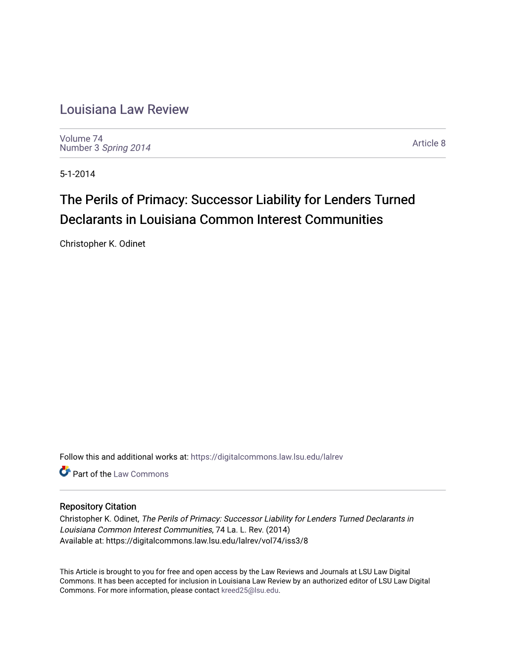 Successor Liability for Lenders Turned Declarants in Louisiana Common Interest Communities