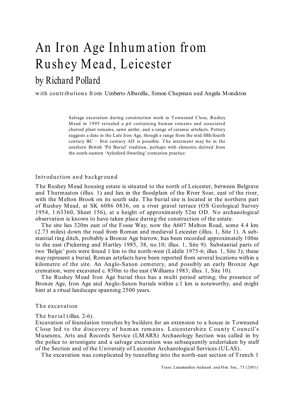 An Iron Age Inhumation from Rushey Mead, Leicester by Richard Pollard with Contributions from Umberto Albarella, Simon Chapman and Angela Monckton