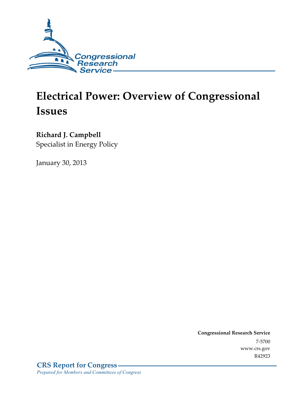 Electrical Power: Overview of Congressional Issues