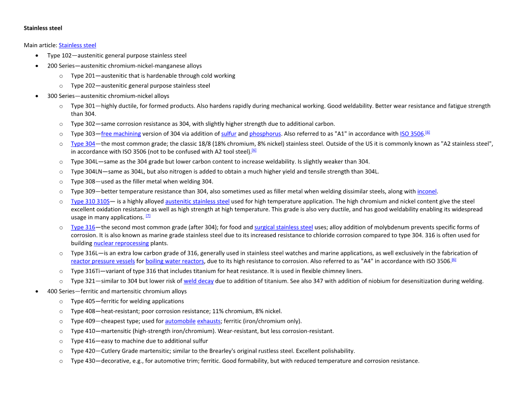 Stainless Steel Main Article: Stainless Steel • Type 102—Austenitic