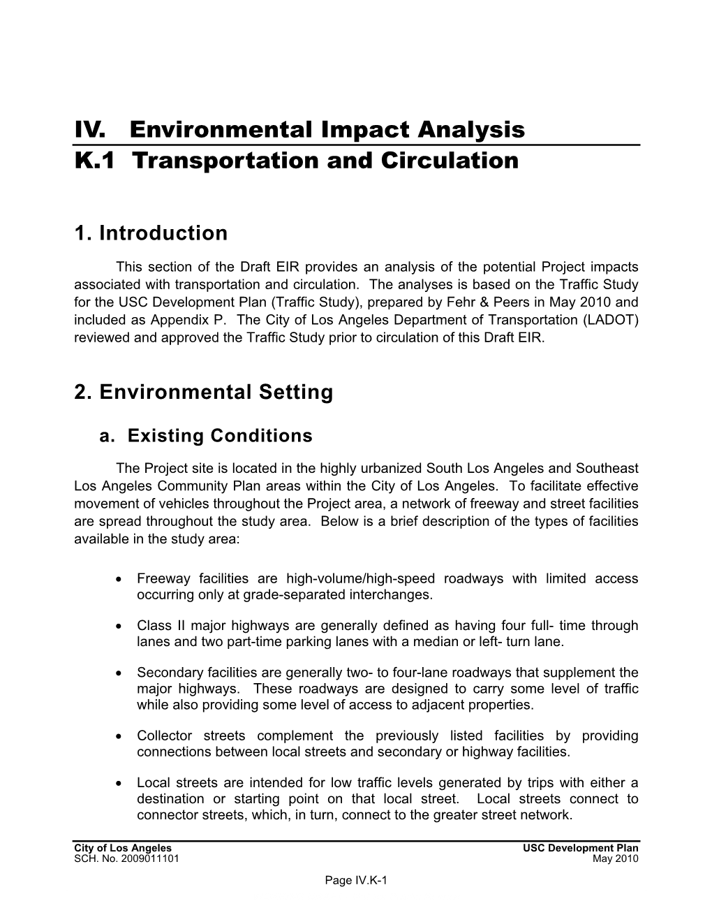 IV. Environmental Impact Analysis K.1 Transportation and Circulation