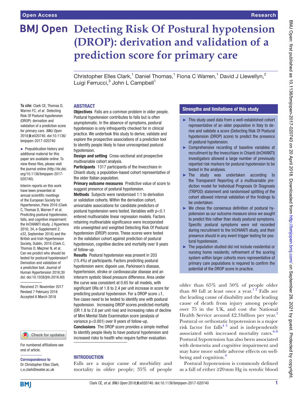 Detecting Risk of Postural Hypotension (DROP): Derivation and Validation of a Prediction Score for Primary Care