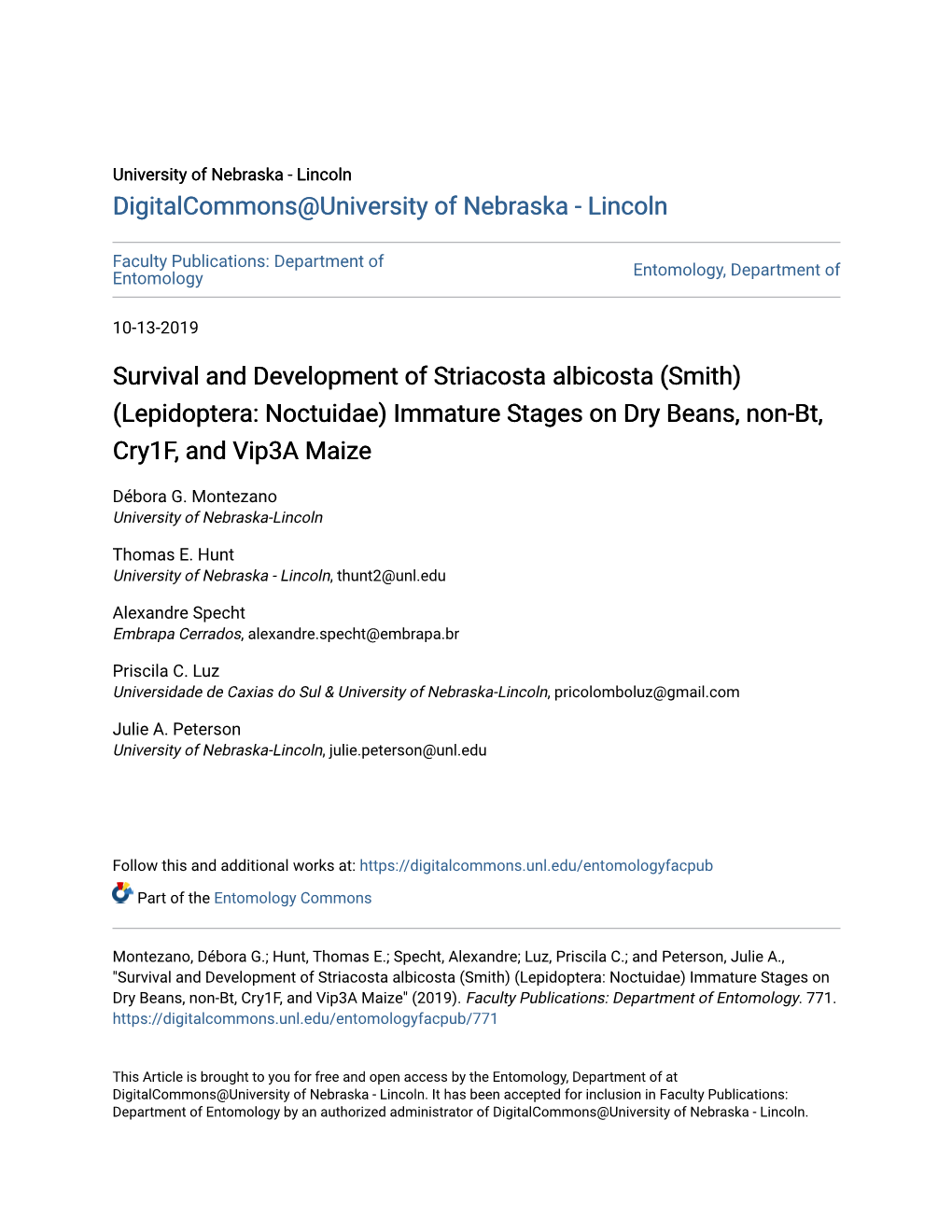 Survival and Development of Striacosta Albicosta (Smith) (Lepidoptera: Noctuidae) Immature Stages on Dry Beans, Non-Bt, Cry1f, and Vip3a Maize