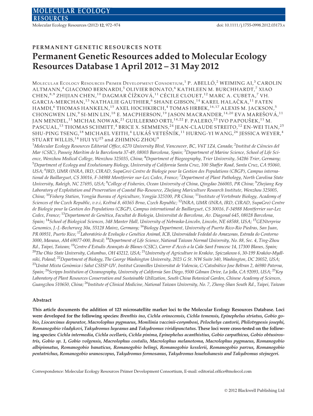 Permanent Genetic Resources Added to Molecular Ecology Resources Database 1 April 2012 – 31 May 2012