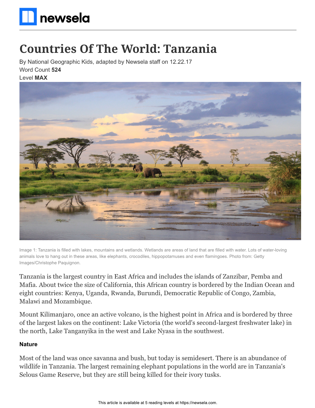 Countries of the World: Tanzania by National Geographic Kids, Adapted by Newsela Staff on 12.22.17 Word Count 524 Level MAX