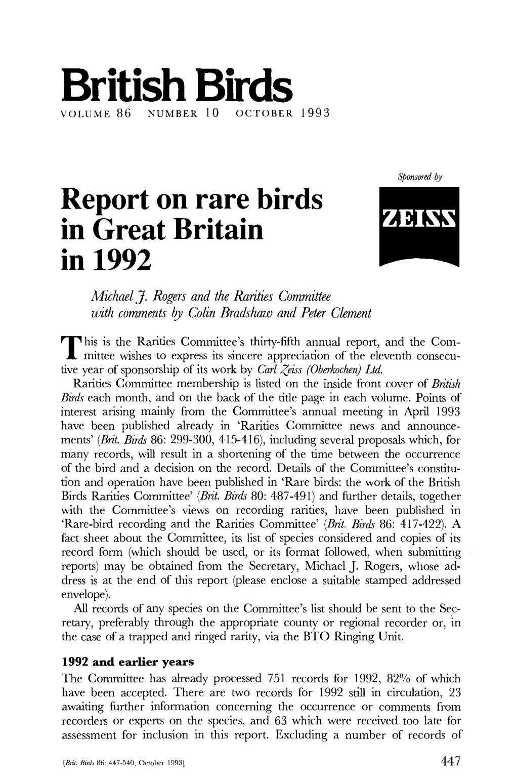 Report on Rare Birds in Great Britain in 1992
