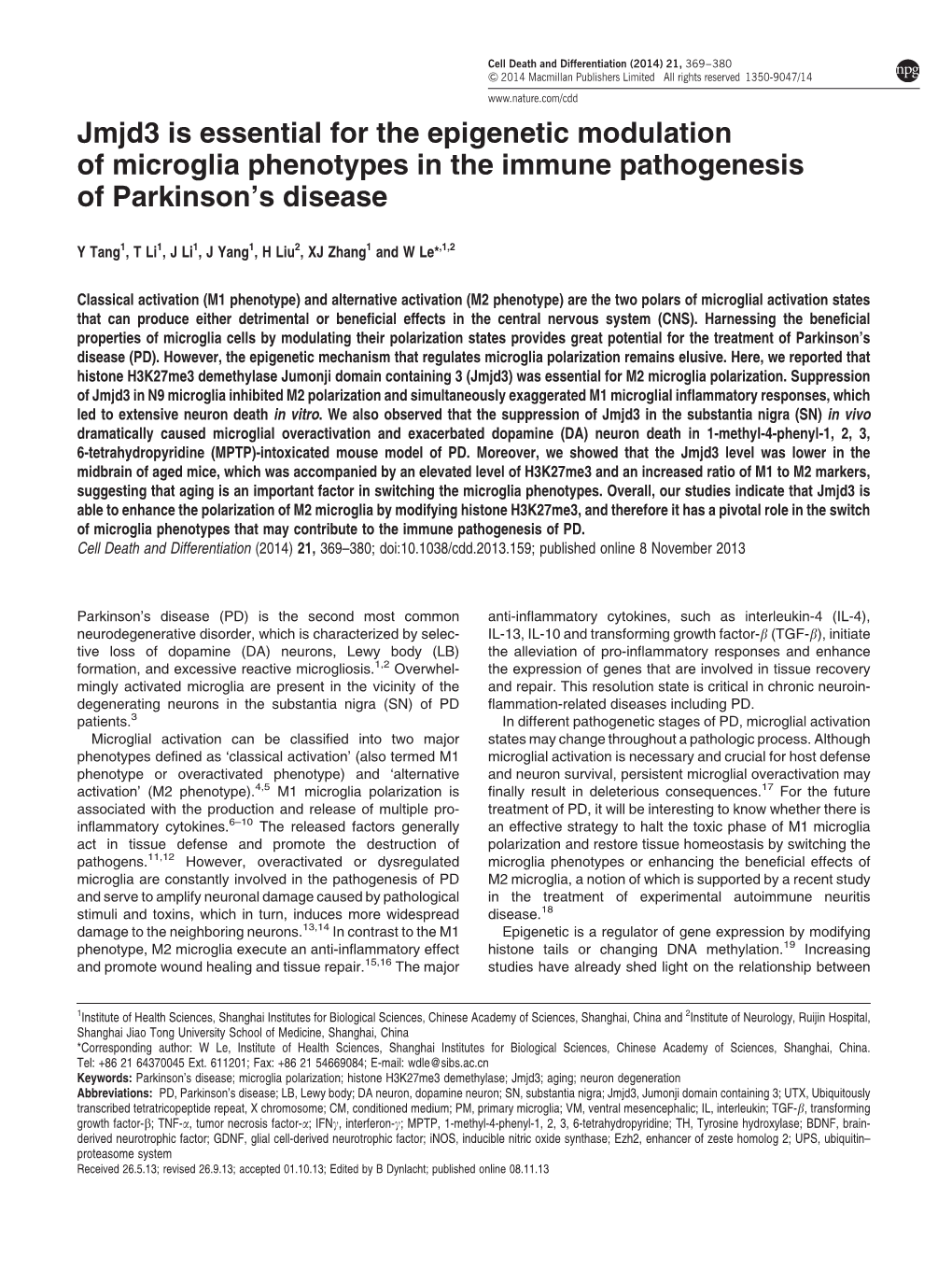 Jmjd3 Is Essential for the Epigenetic Modulation of Microglia Phenotypes in the Immune Pathogenesis of Parkinson’S Disease