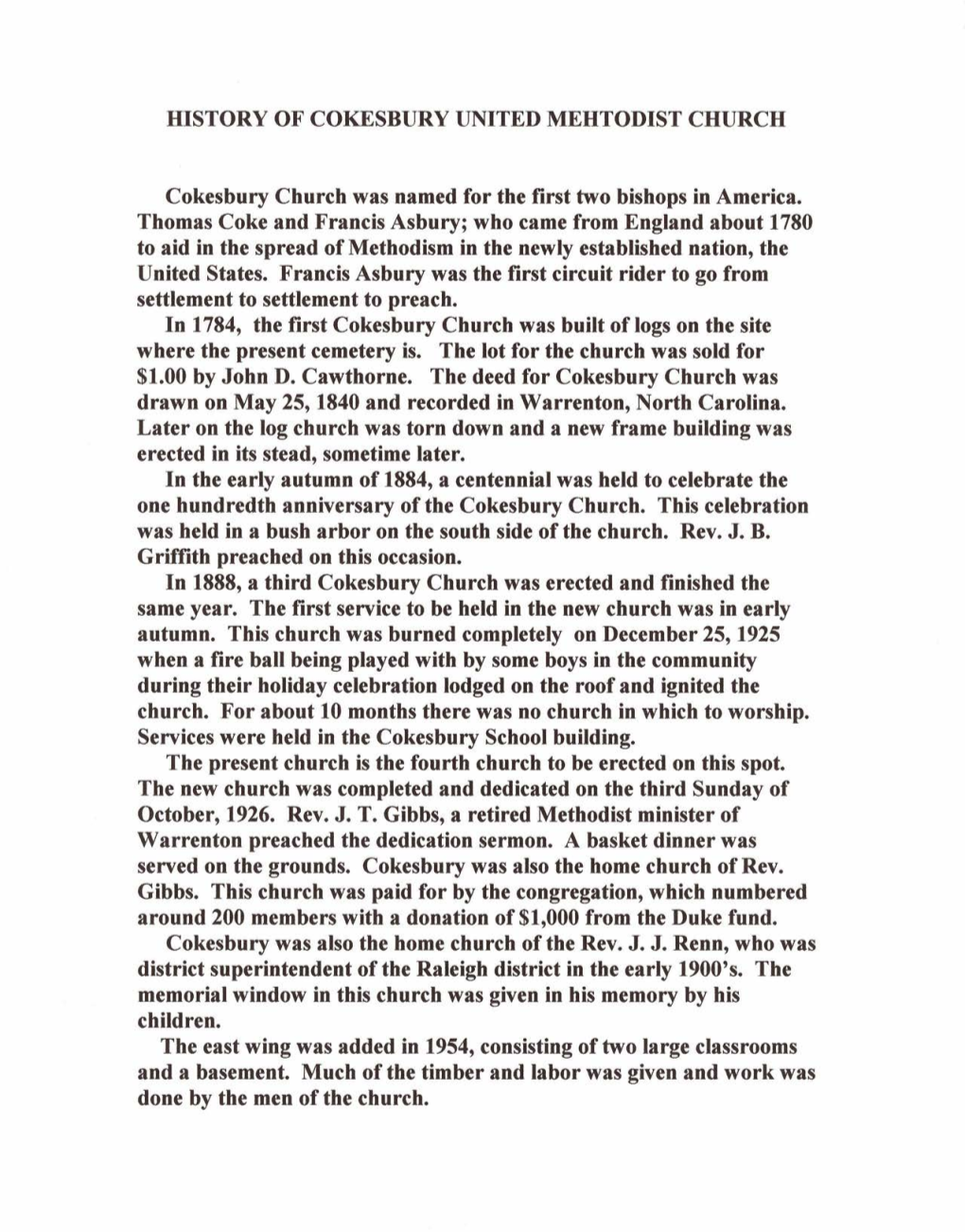 History of Cokesbury United Methodist Church Written by Church Historian, Dorothy S