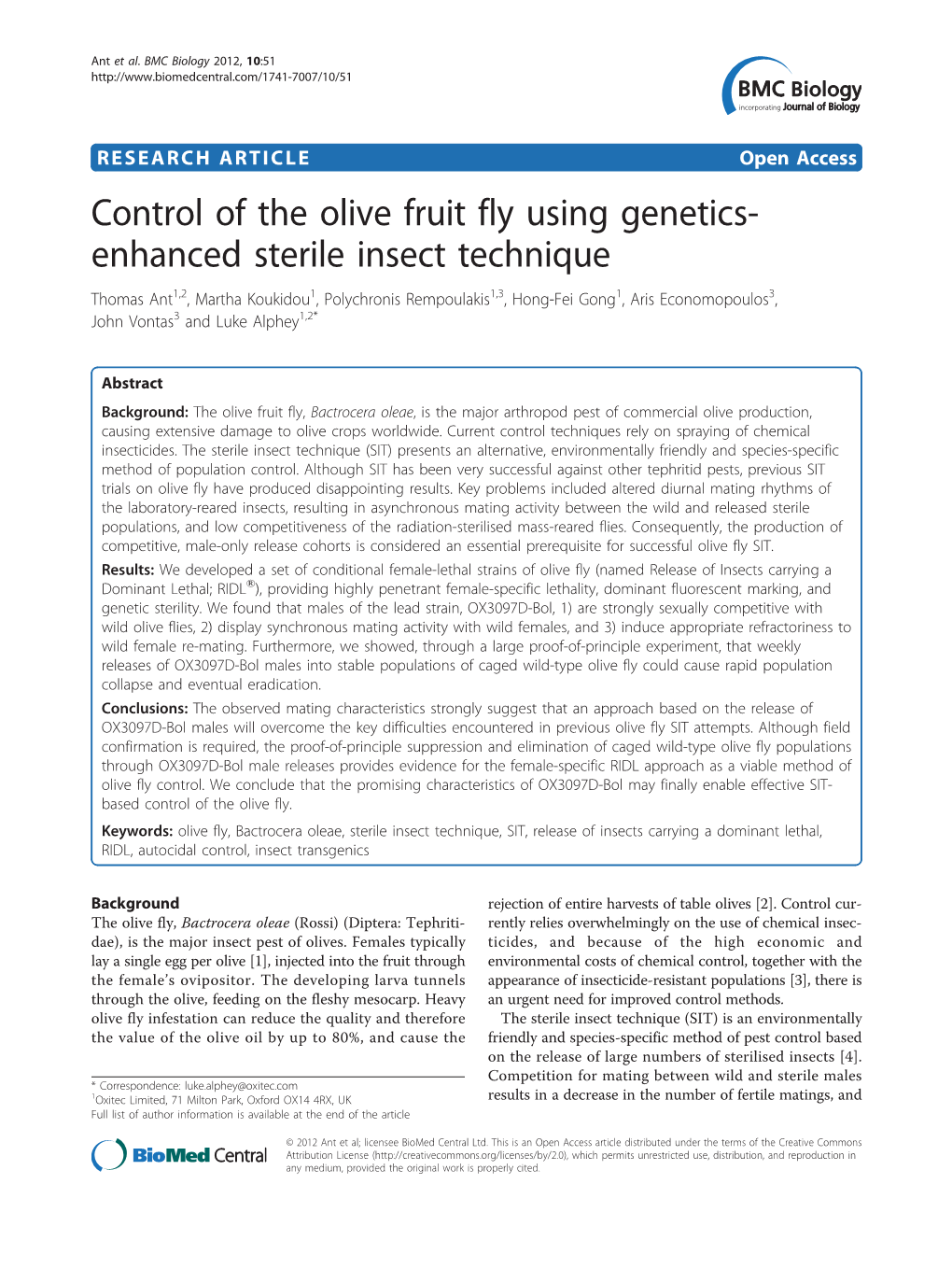Control of the Olive Fruit Fly Using Genetics- Enhanced Sterile Insect