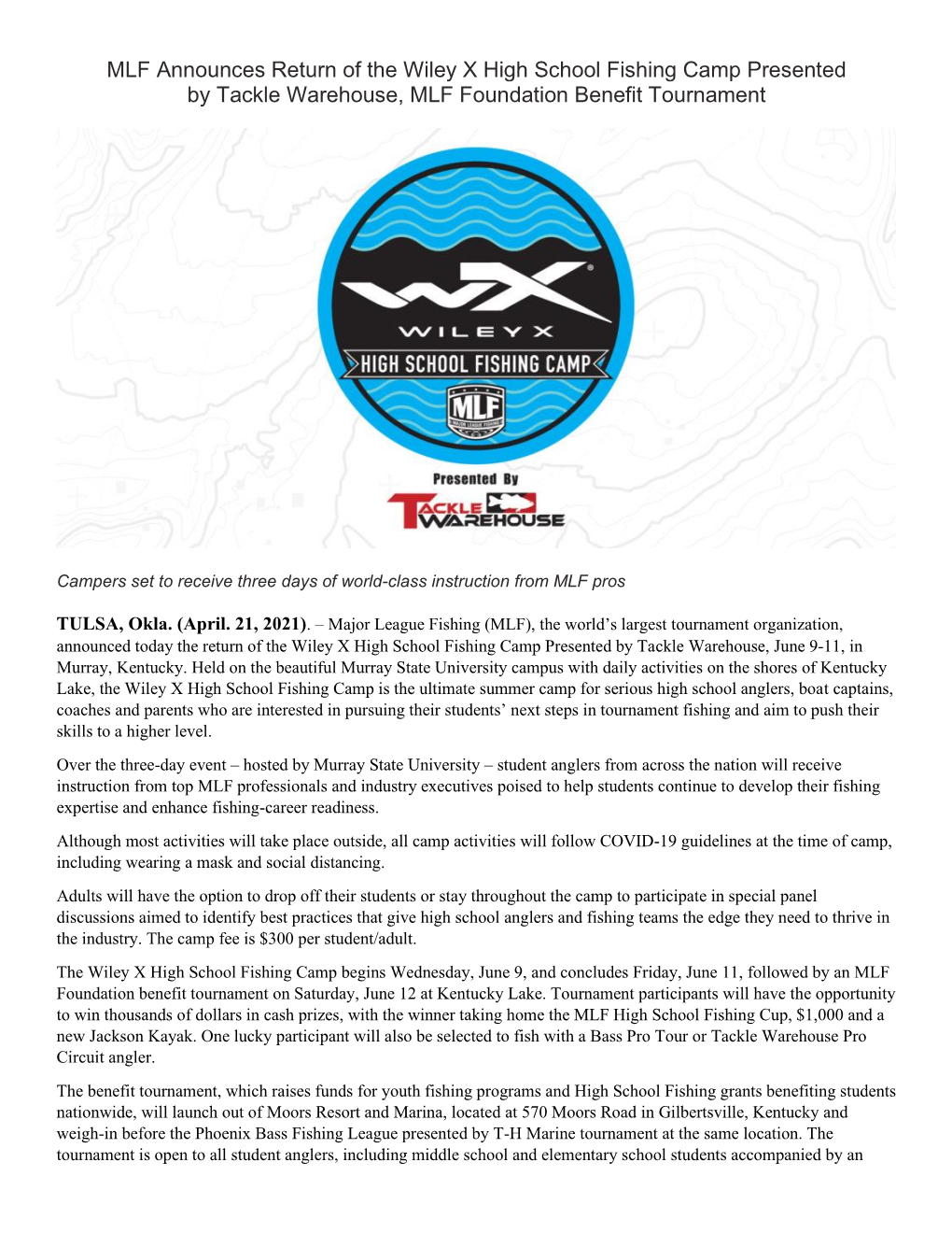 MLF Announces Return of the Wiley X High School Fishing Camp Presented by Tackle Warehouse, MLF Foundation Benefit Tournament