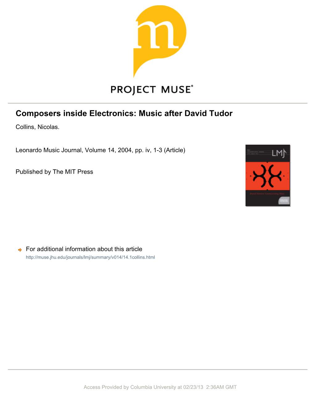 Composers Inside Electronics: Music After David Tudor