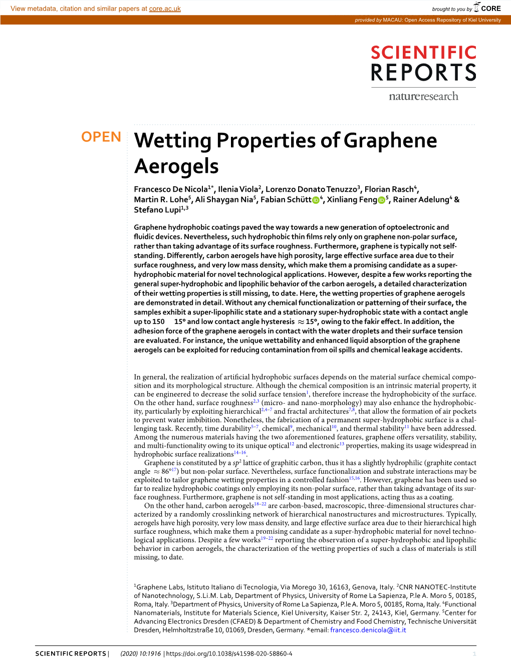 Wetting Properties of Graphene Aerogels Francesco De Nicola1*, Ilenia Viola2, Lorenzo Donato Tenuzzo3, Florian Rasch4, Martin R