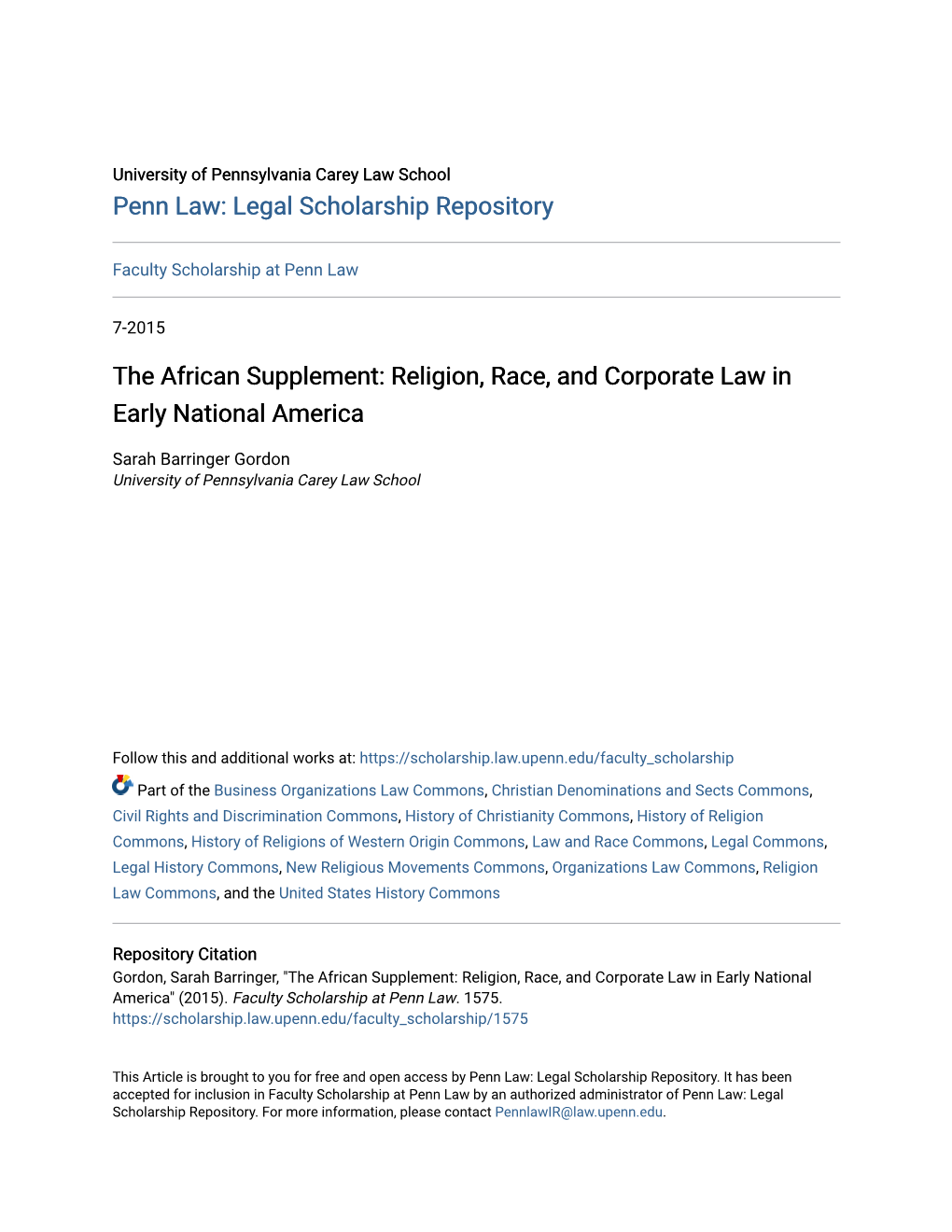 The African Supplement: Religion, Race, and Corporate Law in Early National America