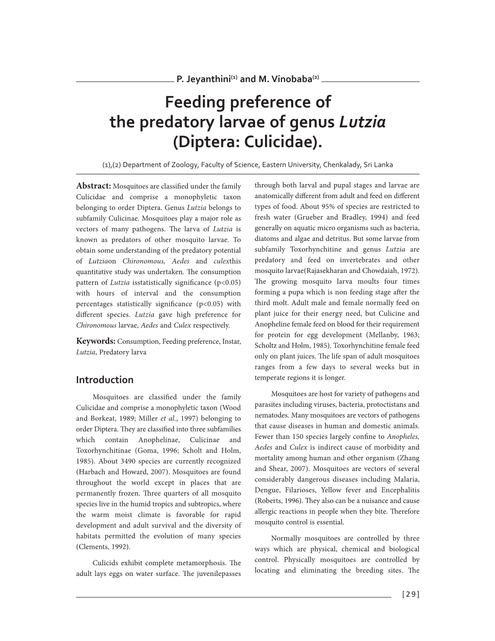 Feeding Preference of the Predatory Larvae of Genus Lutzia (Diptera: Culicidae)