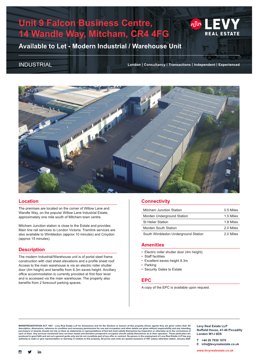 Unit 9 Falcon Business Centre, 14 Wandle Way, Mitcham, CR4 4FG Available to Let - Modern Industrial / Warehouse Unit