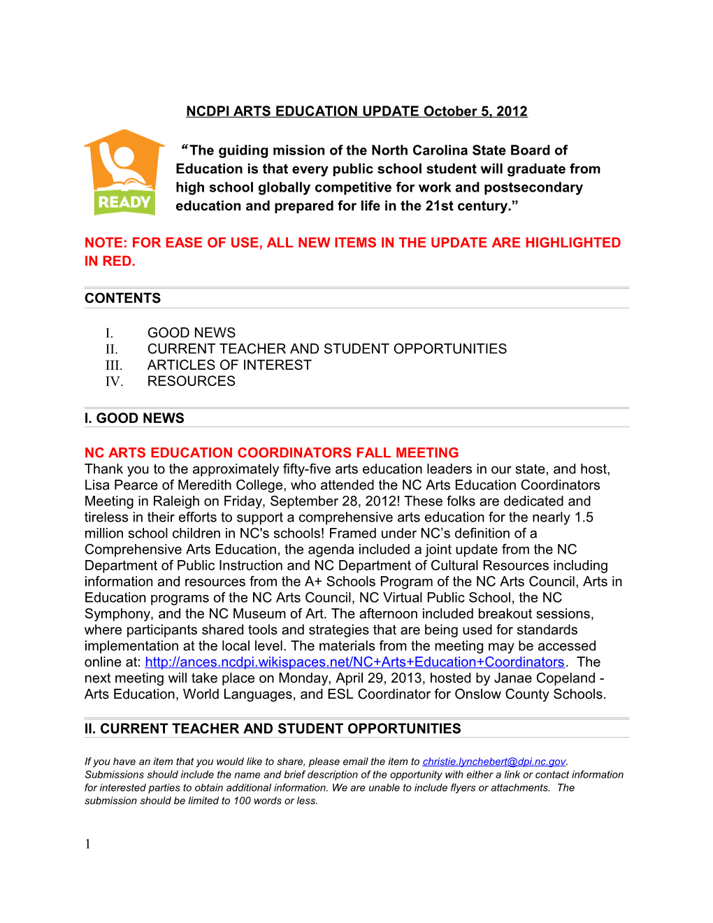 NCDPI ARTS EDUCATION UPDATE May 2, 2008 s3