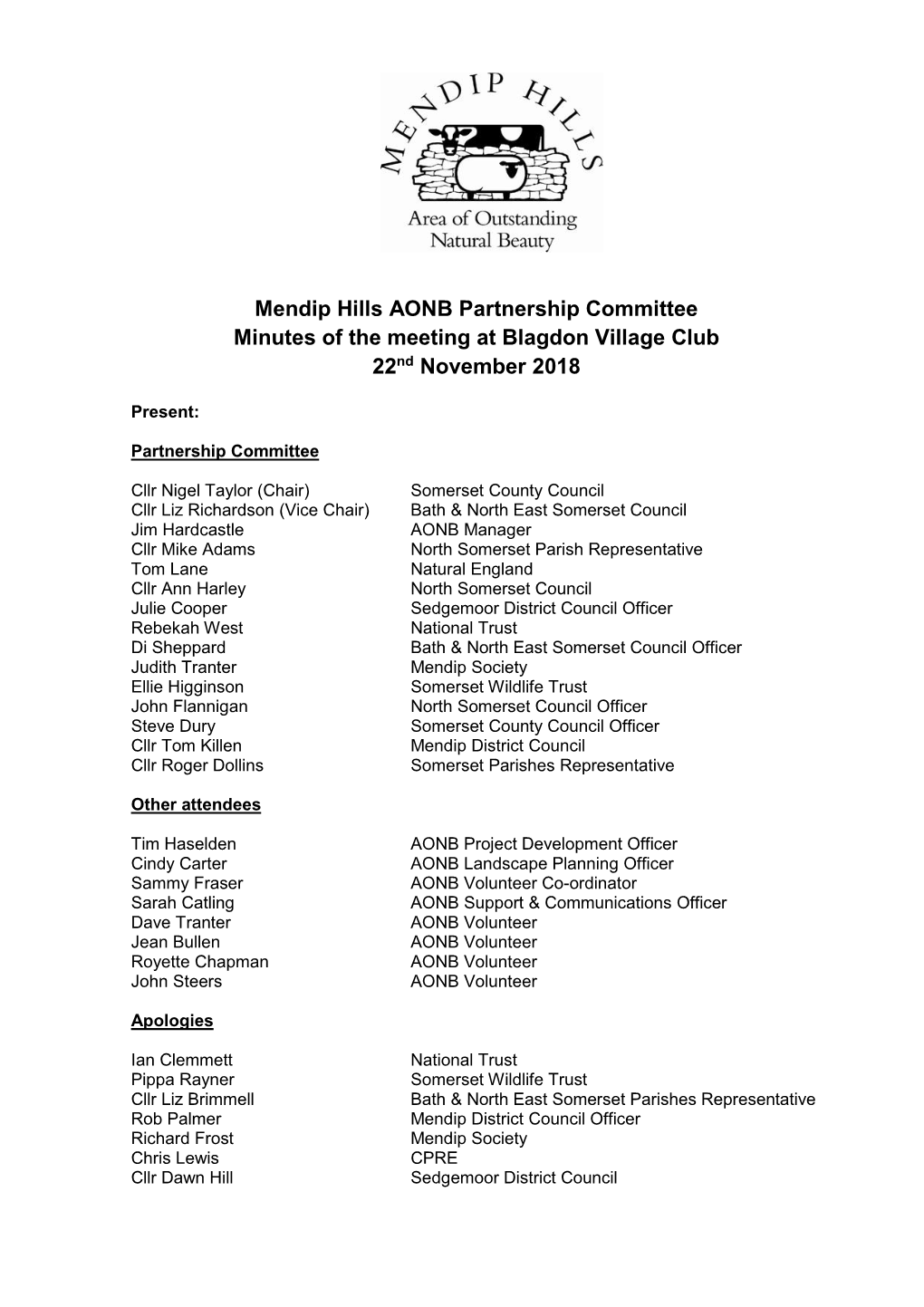 Mendip Hills AONB Partnership Committee Minutes of the Meeting at Blagdon Village Club 22Nd November 2018