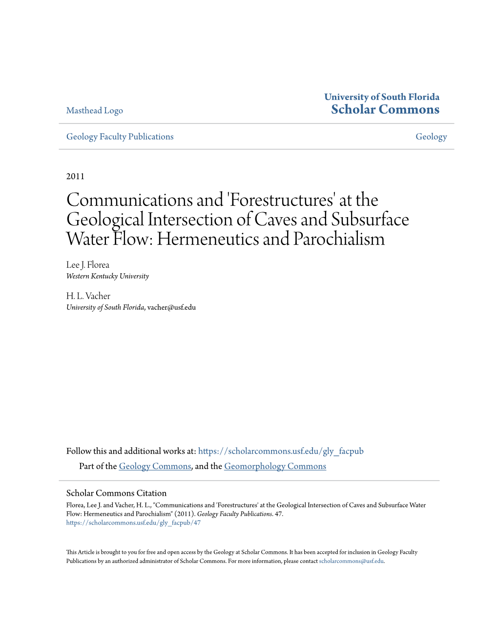 At the Geological Intersection of Caves and Subsurface Water Flow: Hermeneutics and Parochialism Lee J