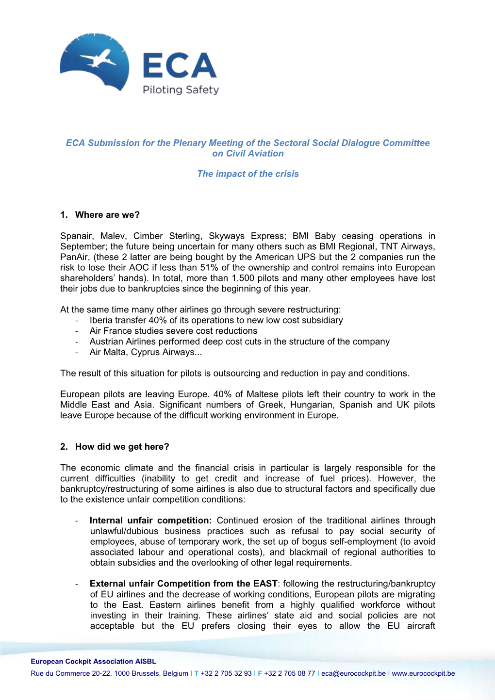 ECA Submission for the Plenary Meeting of the Sectoral Social Dialogue Committee on Civil Aviation