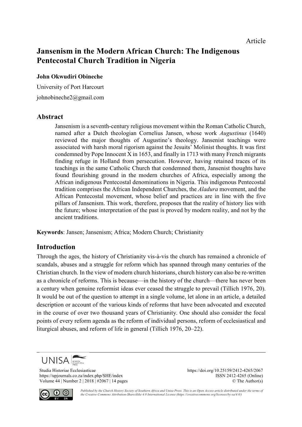 Jansenism in the Modern African Church: the Indigenous Pentecostal Church Tradition in Nigeria