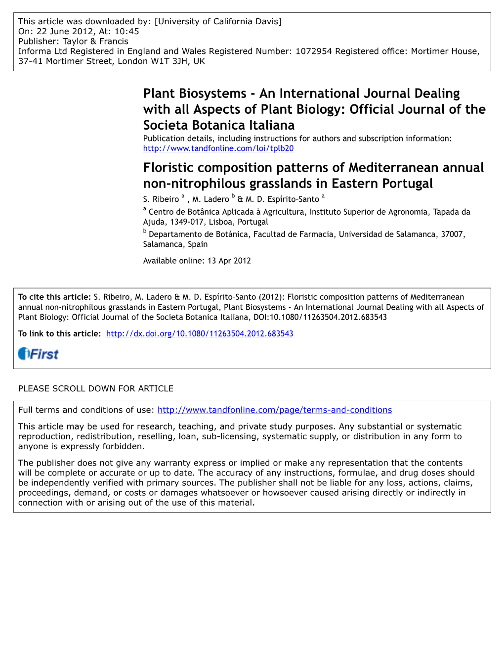 Floristic Composition Patterns of Mediterranean Annual Non-Nitrophilous Grasslands in Eastern Portugal a B a S