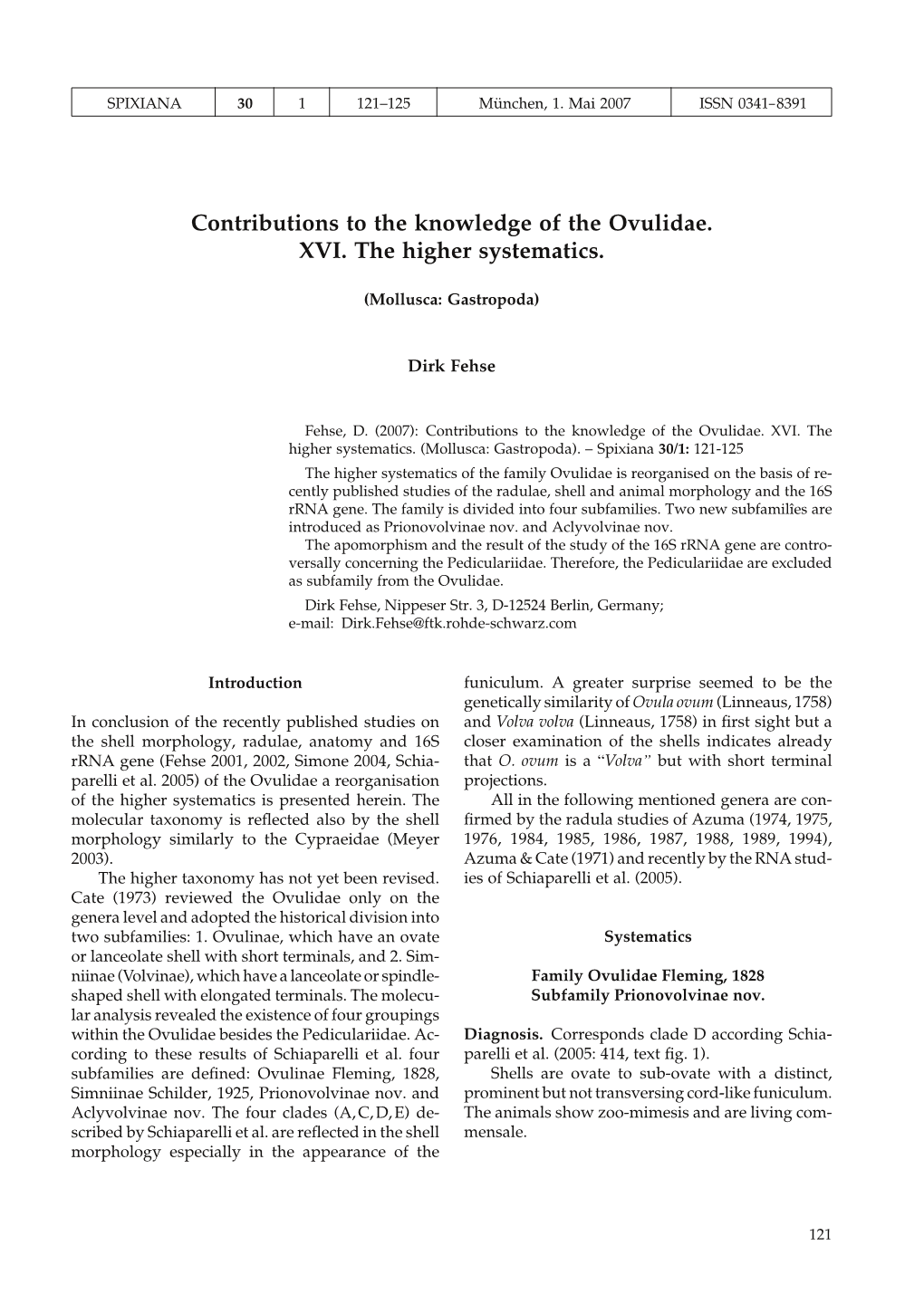 Contributions to the Knowledge of the Ovulidae. XVI. the Higher Systematics