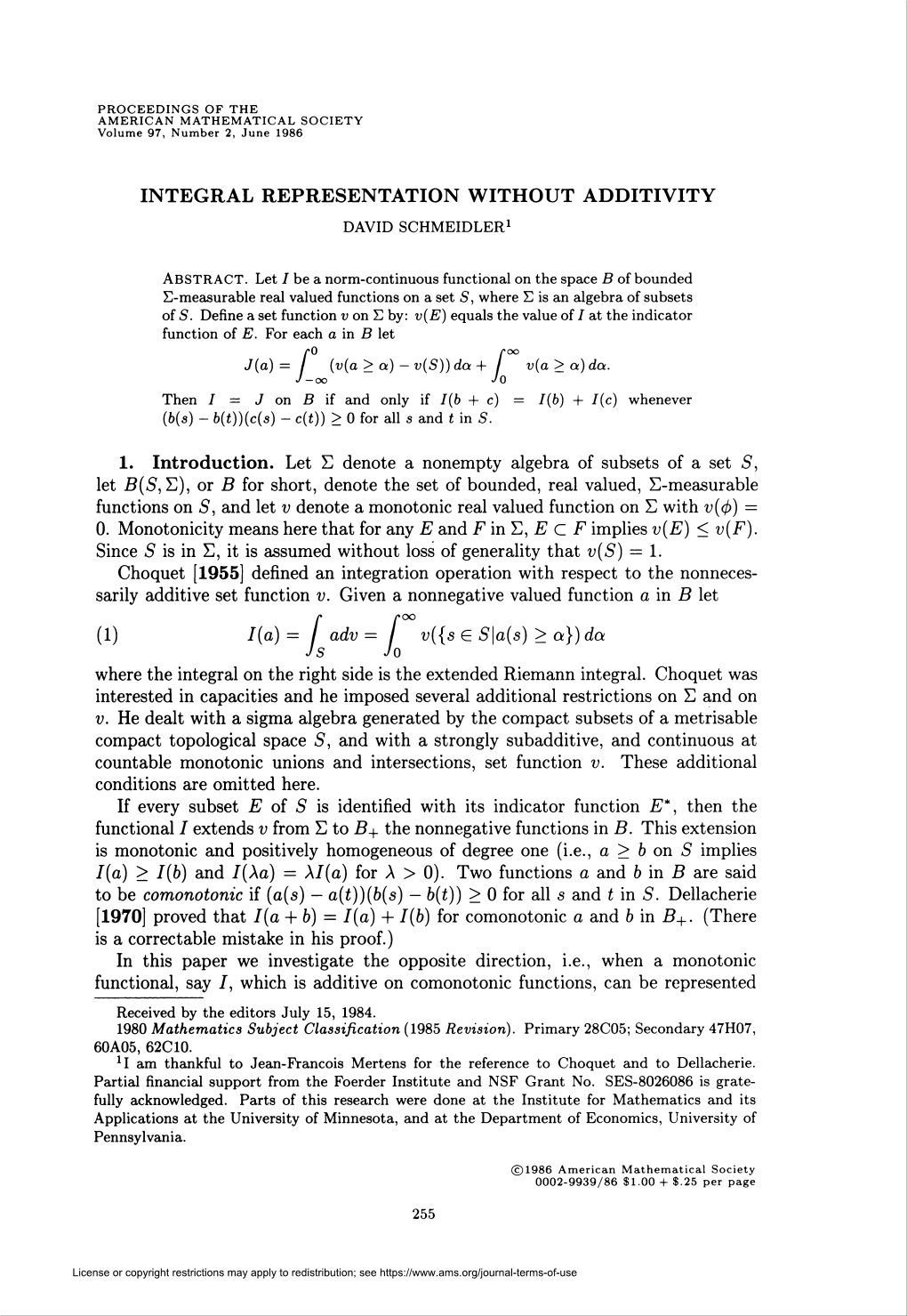 Integral Representation Without Additivity David Schmeidler1