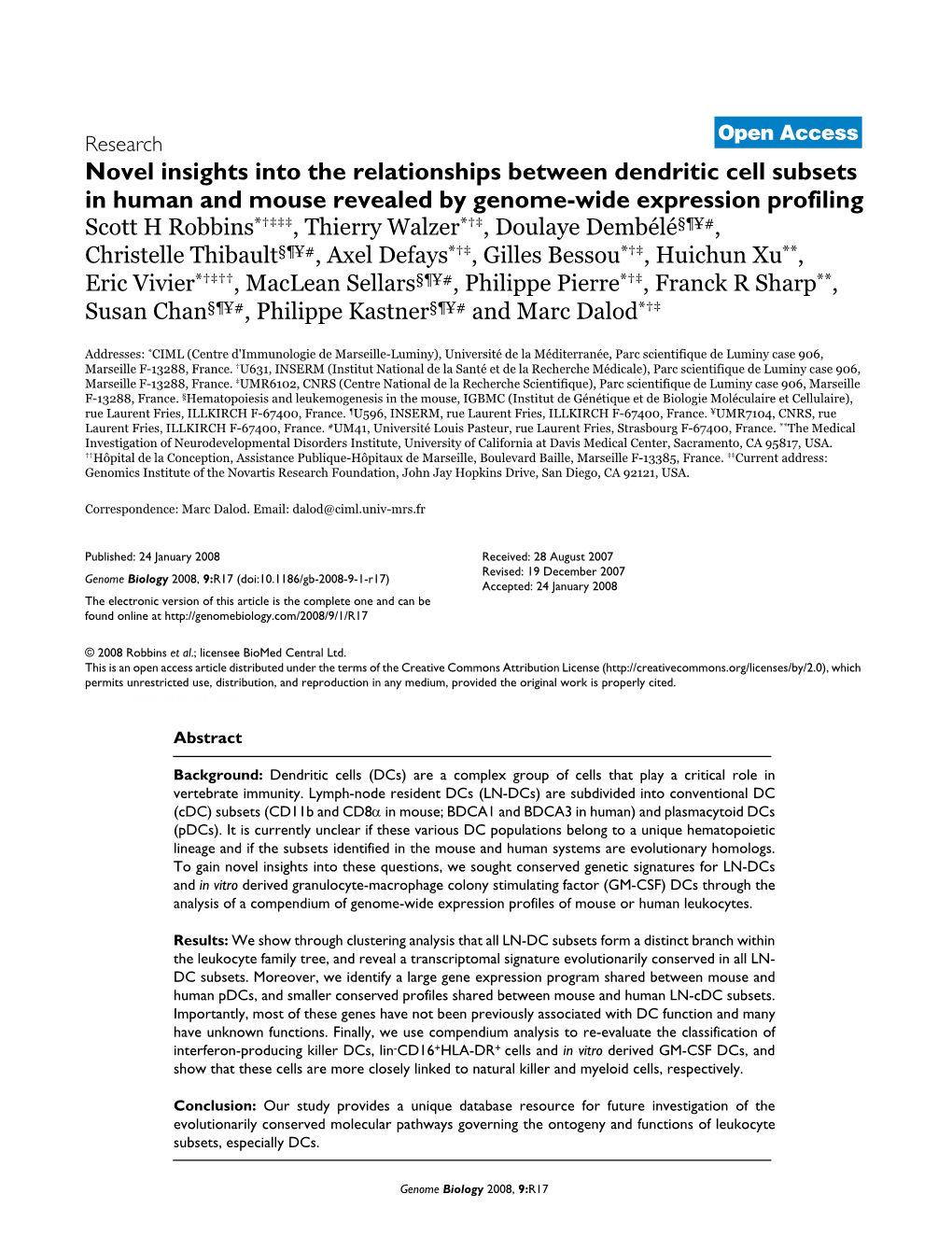 Novel Insights Into the Relationships Between Dendritic Cell Subsets in Human and Mouse Revealed by Genome-Wide Expression Profi