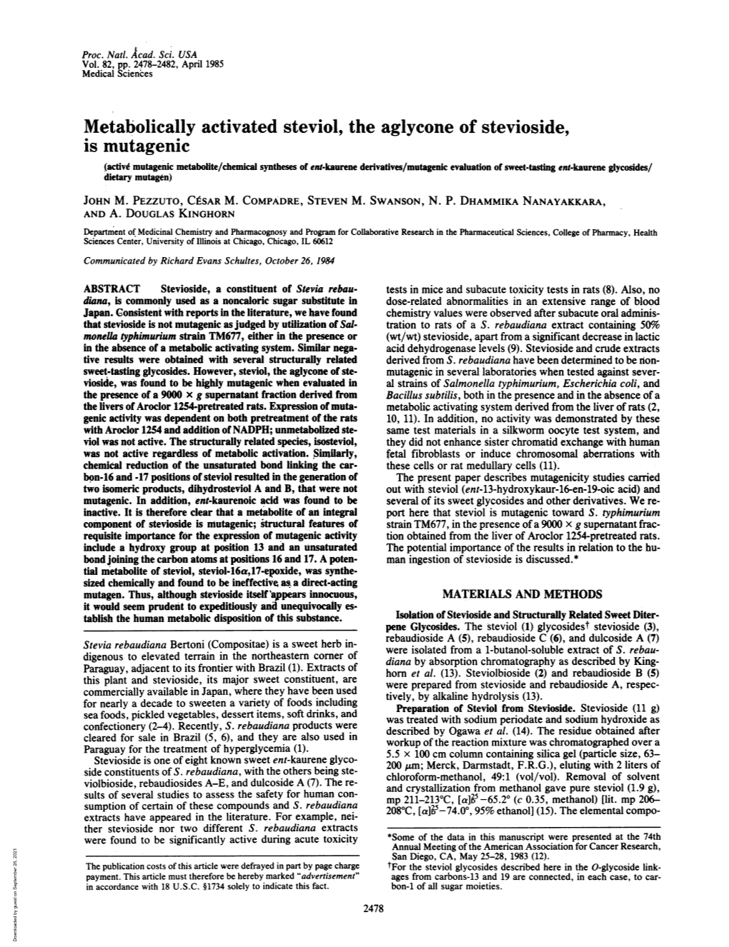 Metabolically Activated Steviol, the Aglycone of Stevioside, Is Mutagenic