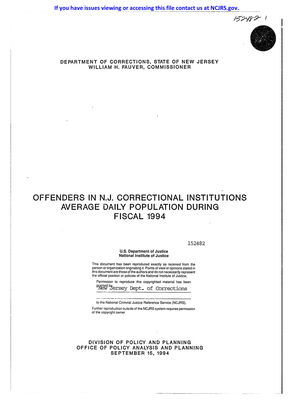 Offenders in N.J. Correctional Institutions Average Daily Population During Fiscal 1994