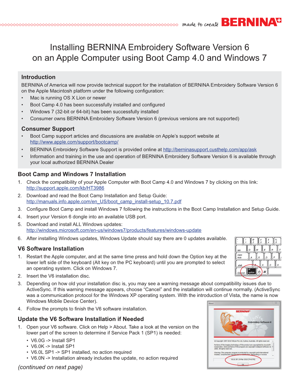 Installing BERNINA Embroidery Software Version 6 on an Apple Computer Using Boot Camp 4.0 and Windows 7