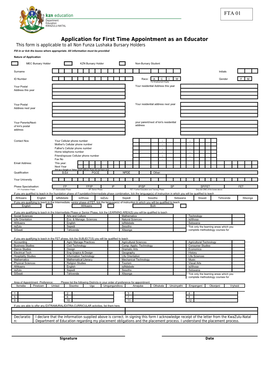 Application for First Time Appointment As an Educator