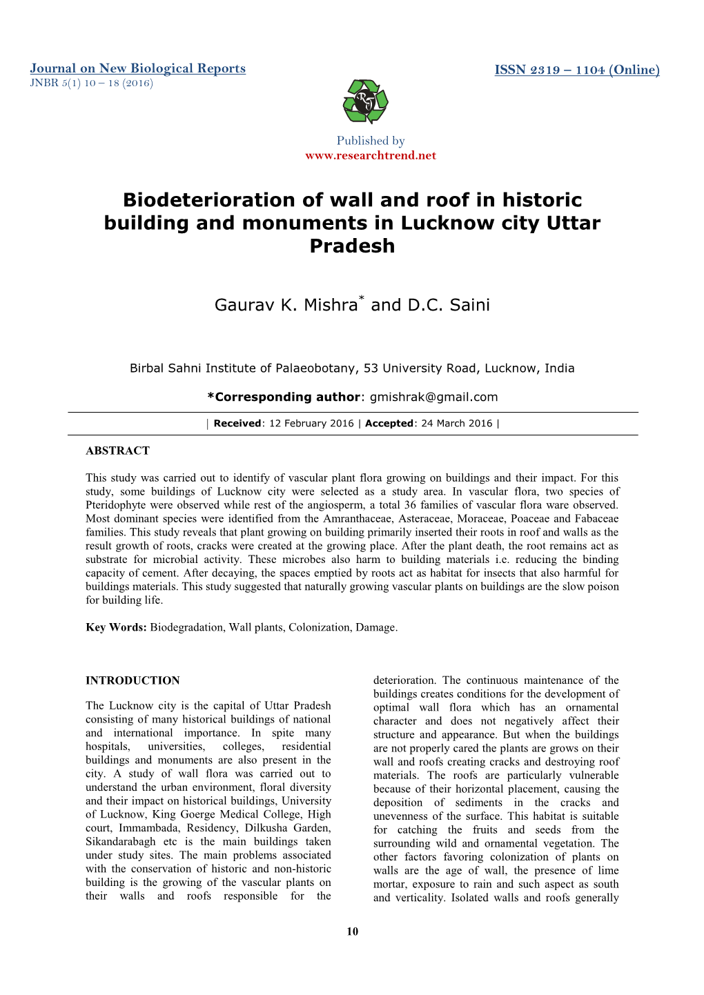 Biodeterioration of Wall and Roof in Historic Building and Monuments in Lucknow City Uttar Pradesh