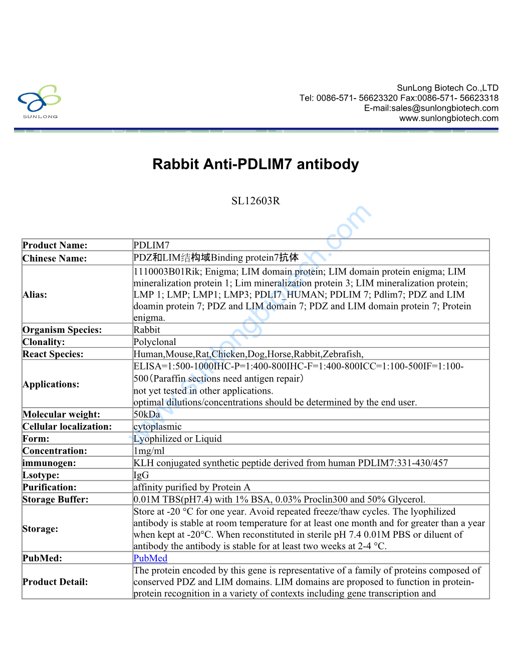 Rabbit Anti-PDLIM7 Antibody-SL12603R