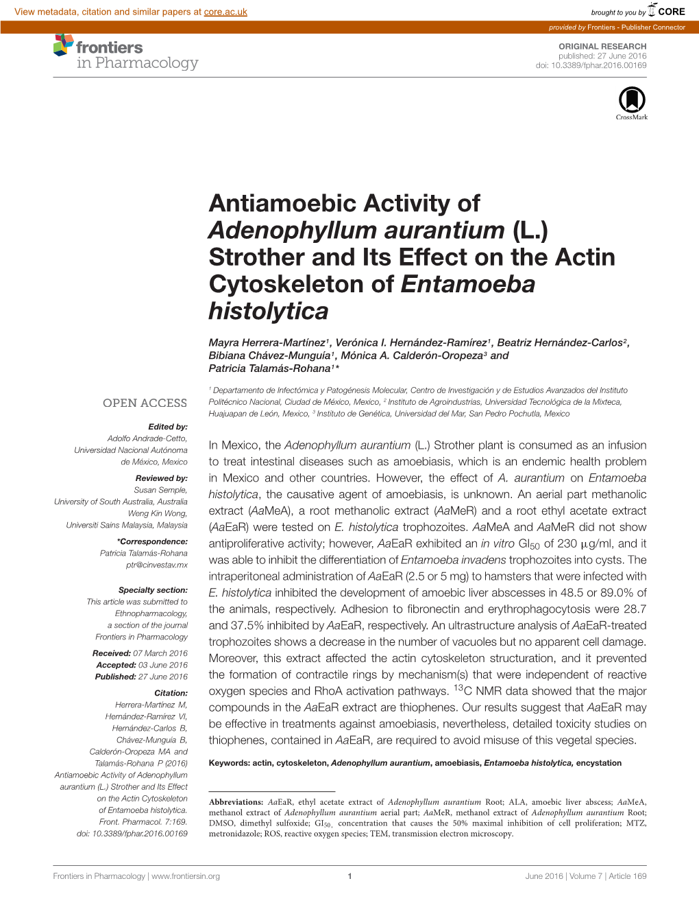 Antiamoebic Activity of Adenophyllum Aurantium (L.) Strother and Its Effect on the Actin Cytoskeleton of Entamoeba Histolytica